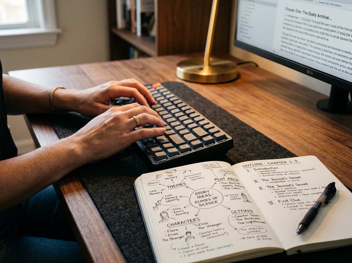A close-up of a writer's hands typing an SEO article, with a detailed content outline in a notebook nearby.
