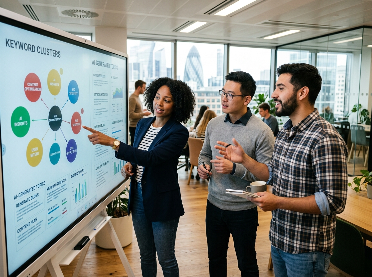 A diverse team of marketing professionals brainstorming around a screen showing AI-generated content insights.