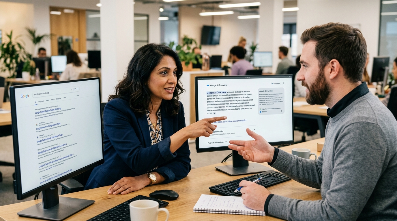 Two digital marketers comparing a traditional search engine results page on one monitor with an AI-generated answer on another.