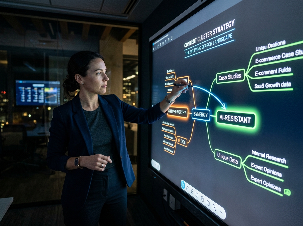 A content strategist mapping out a topic cluster on a large digital screen, showing how AI-resistant and snippet-worthy content connect.