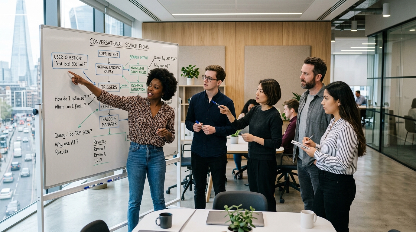A diverse team of marketing strategists collaborating around a whiteboard covered in conversational search queries and user journey maps.