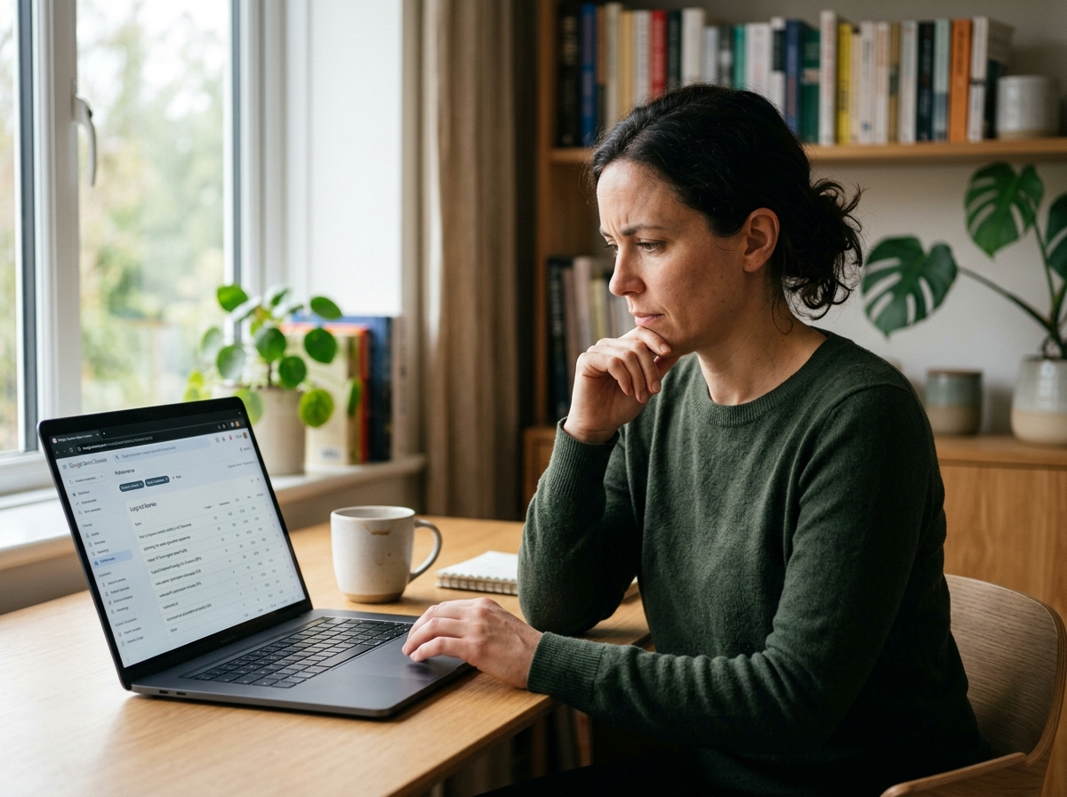 A solo founder analyzing a Google Search Console performance report on a laptop in a focused, home office environment.