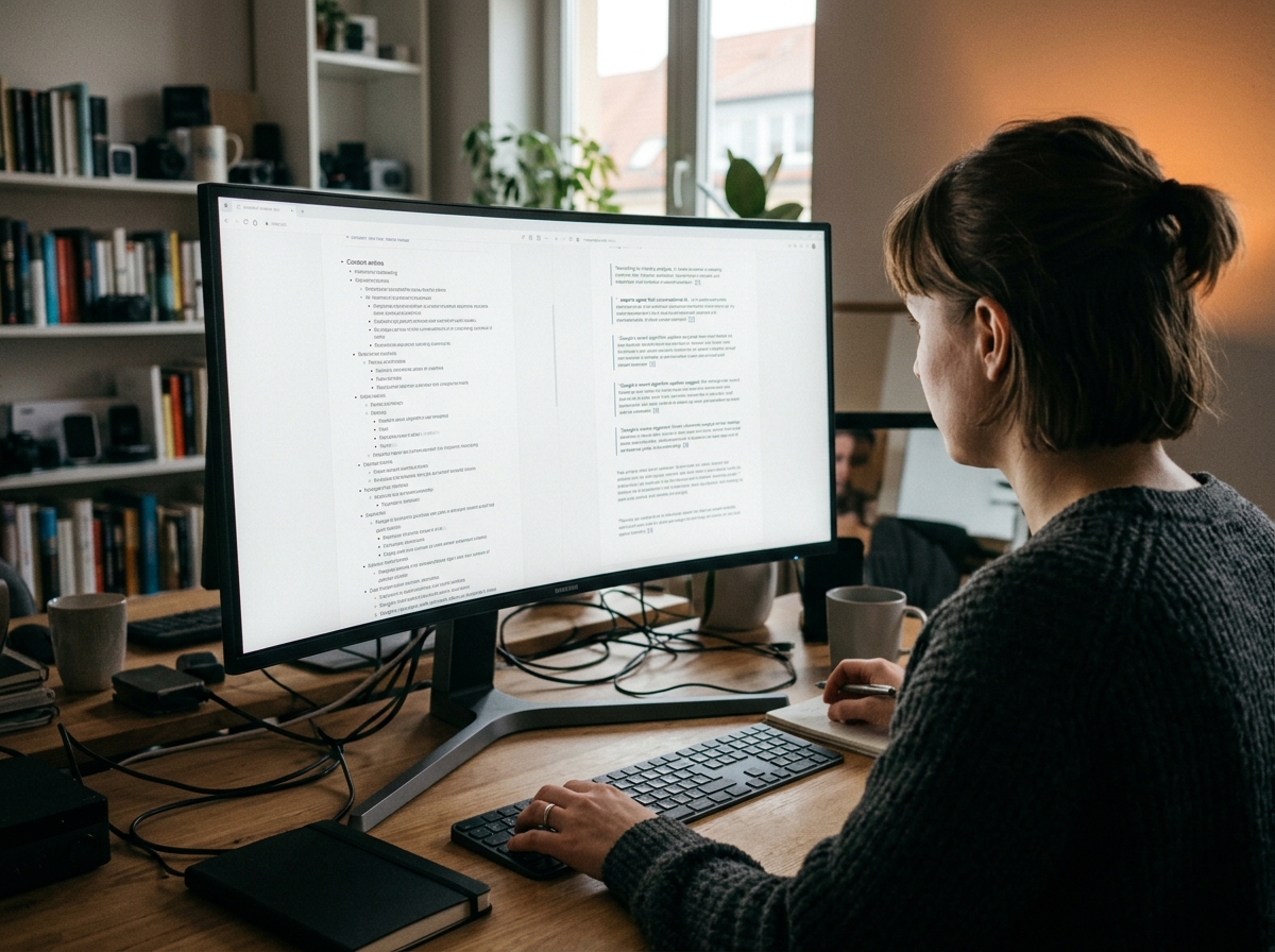 A content writer meticulously organizing research notes and data points to structure an authoritative article.