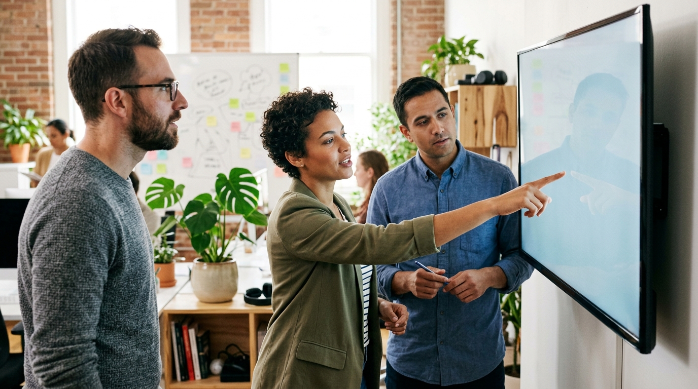 A diverse team of marketing professionals collaborating on an SEO article marketing strategy around a large monitor in a bright, modern offi