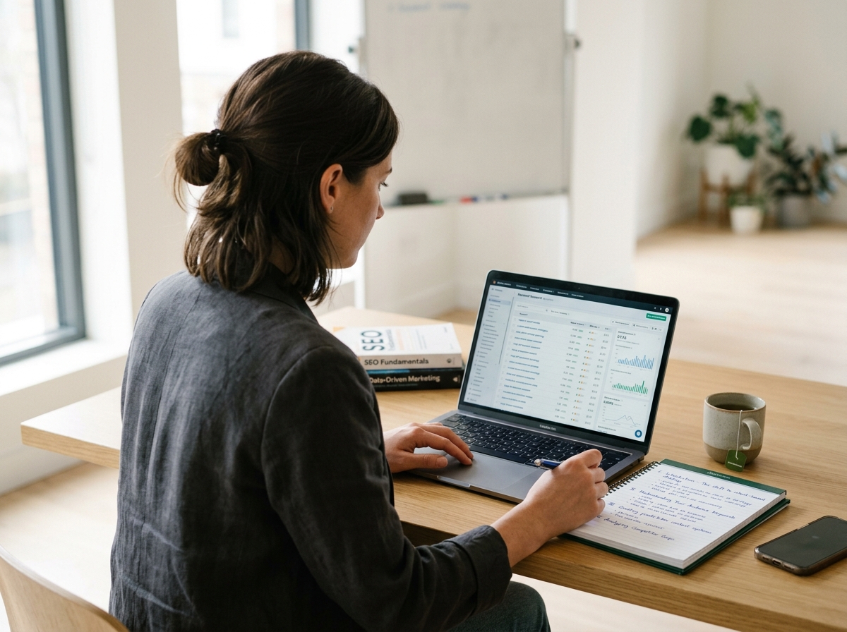 A content strategist analyzing keyword data and article structure on a laptop in a focused, quiet workspace.