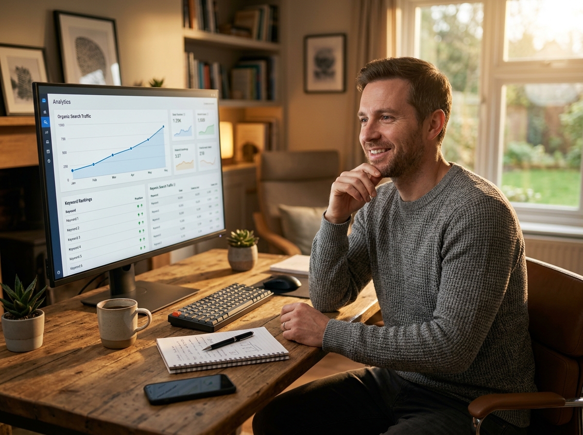 A business owner reviewing a performance dashboard showing a significant increase in organic traffic from their SEO article marketing effort