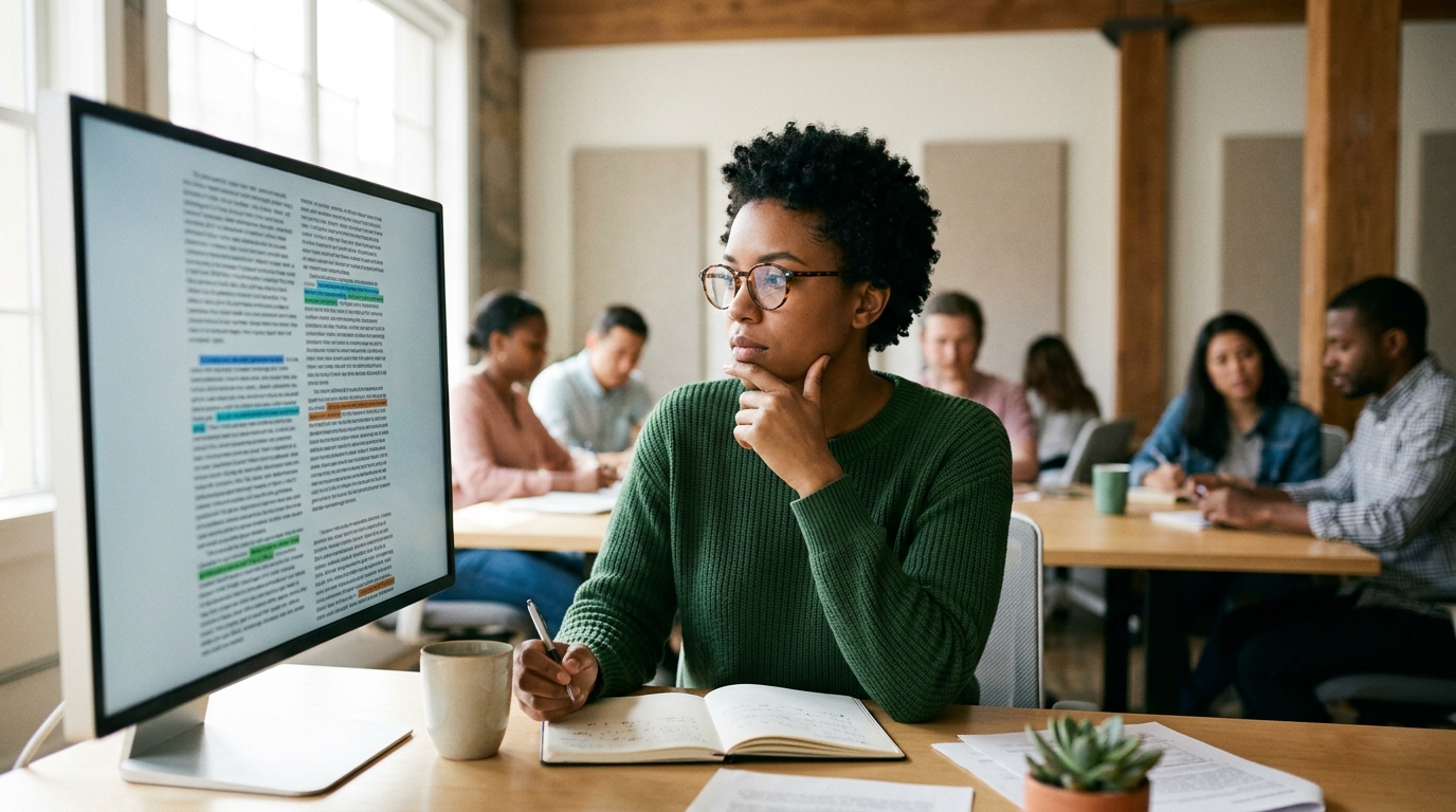 A content strategist analyzing an article for SEO on a large monitor.
