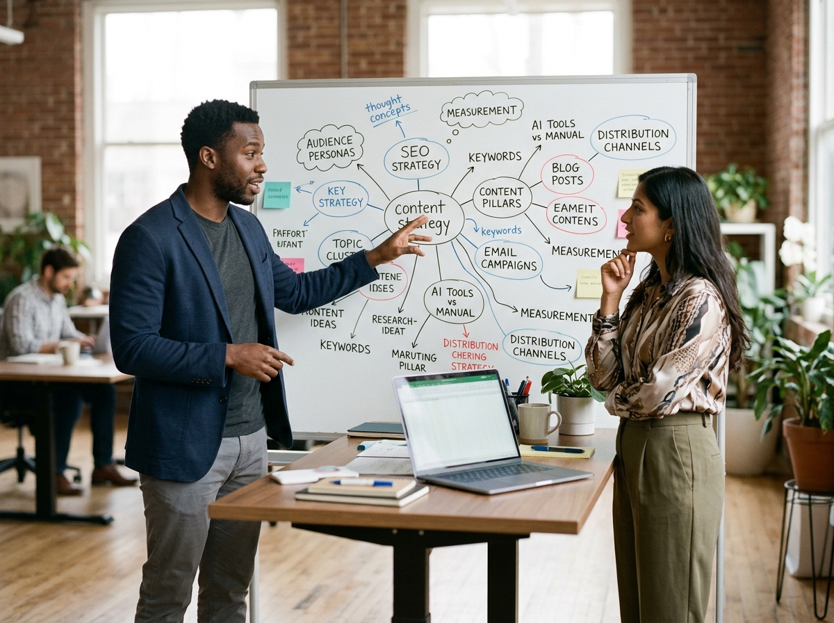 Two business co-founders planning their content strategy on a whiteboard.
