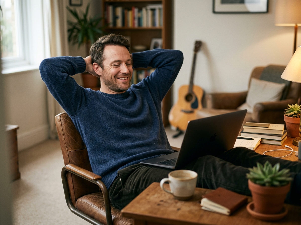 A solo founder looking relieved while using a laptop in a home office.