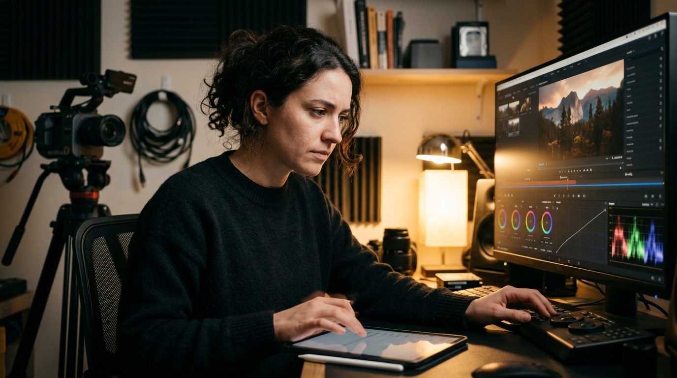 A videographer carefully inputting metadata for her stock video clips in a home studio.