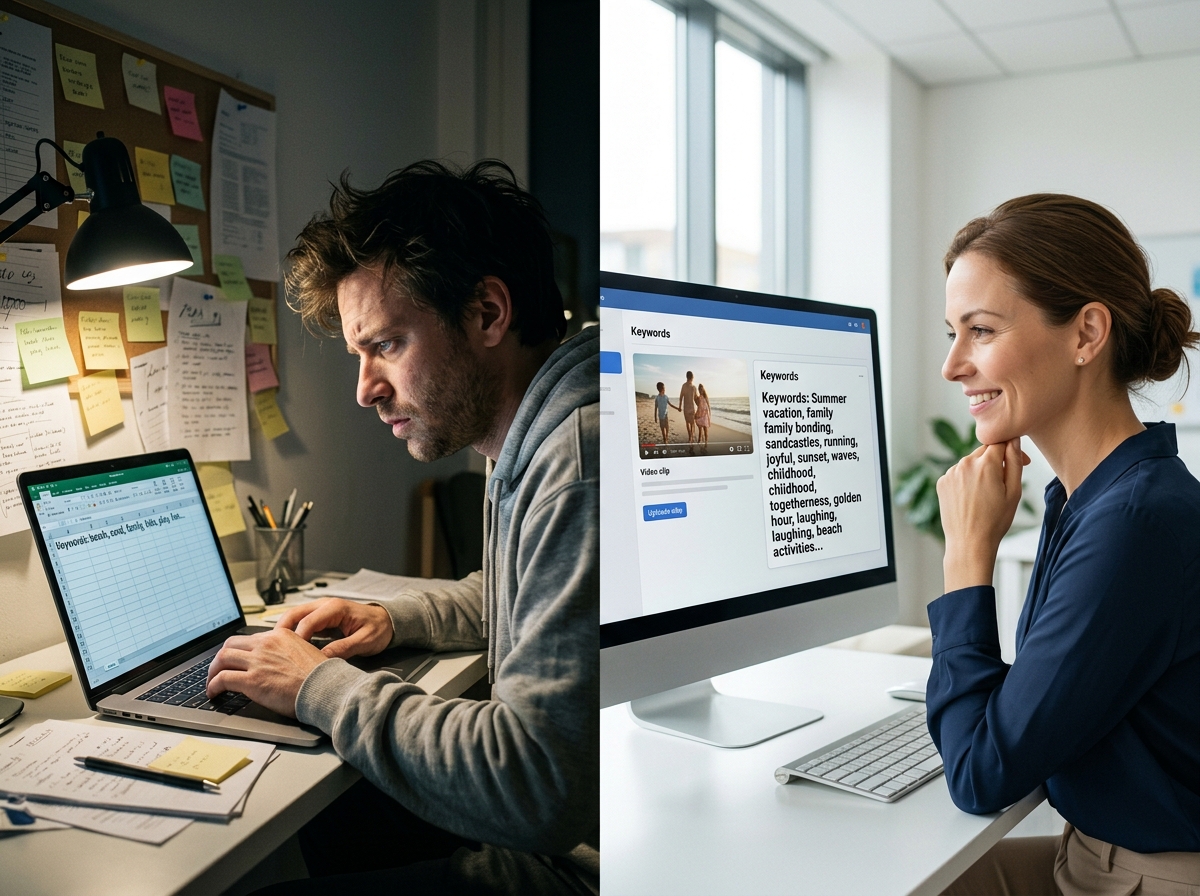 A split-screen showing the contrast between manual keywording and efficient AI-powered keywording.
