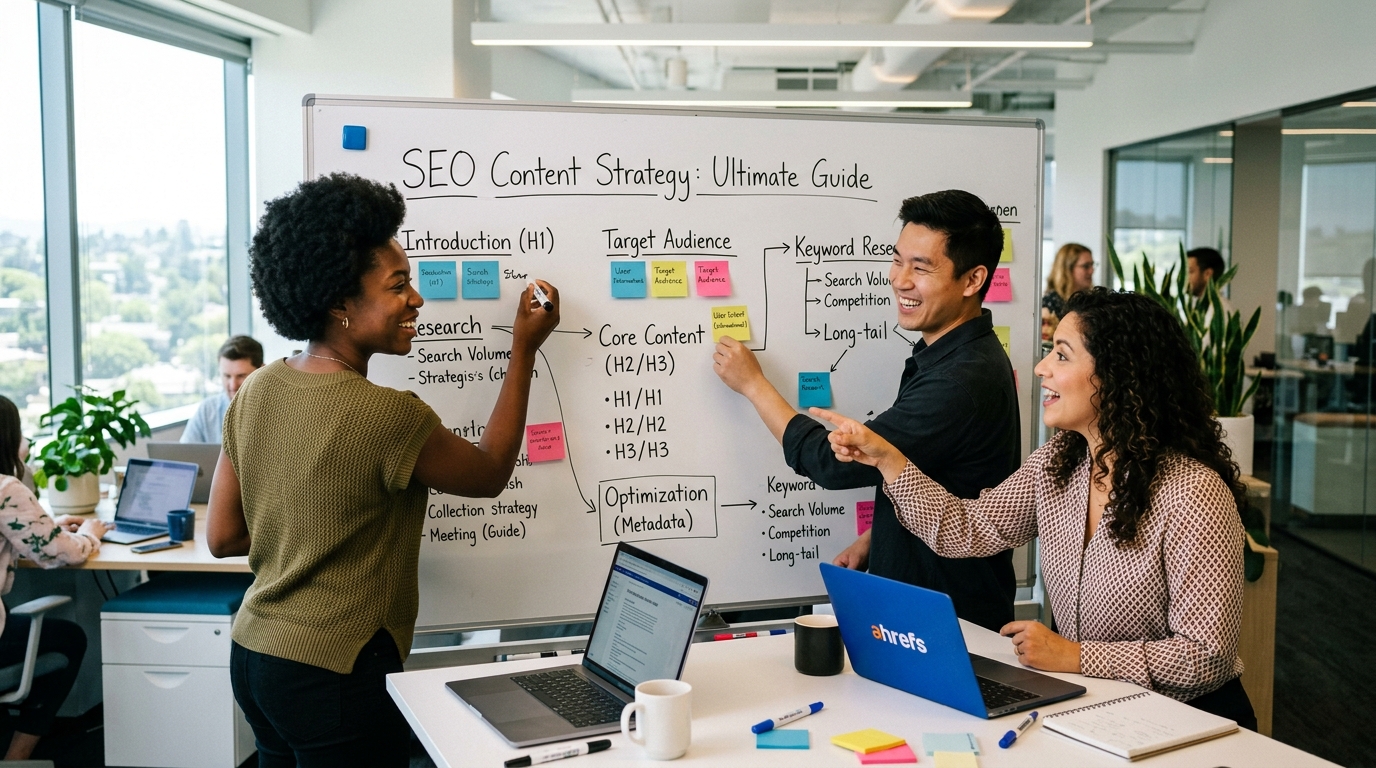 A diverse content marketing team collaborating around a large whiteboard, sketching out an SEO article template with sticky notes and marker