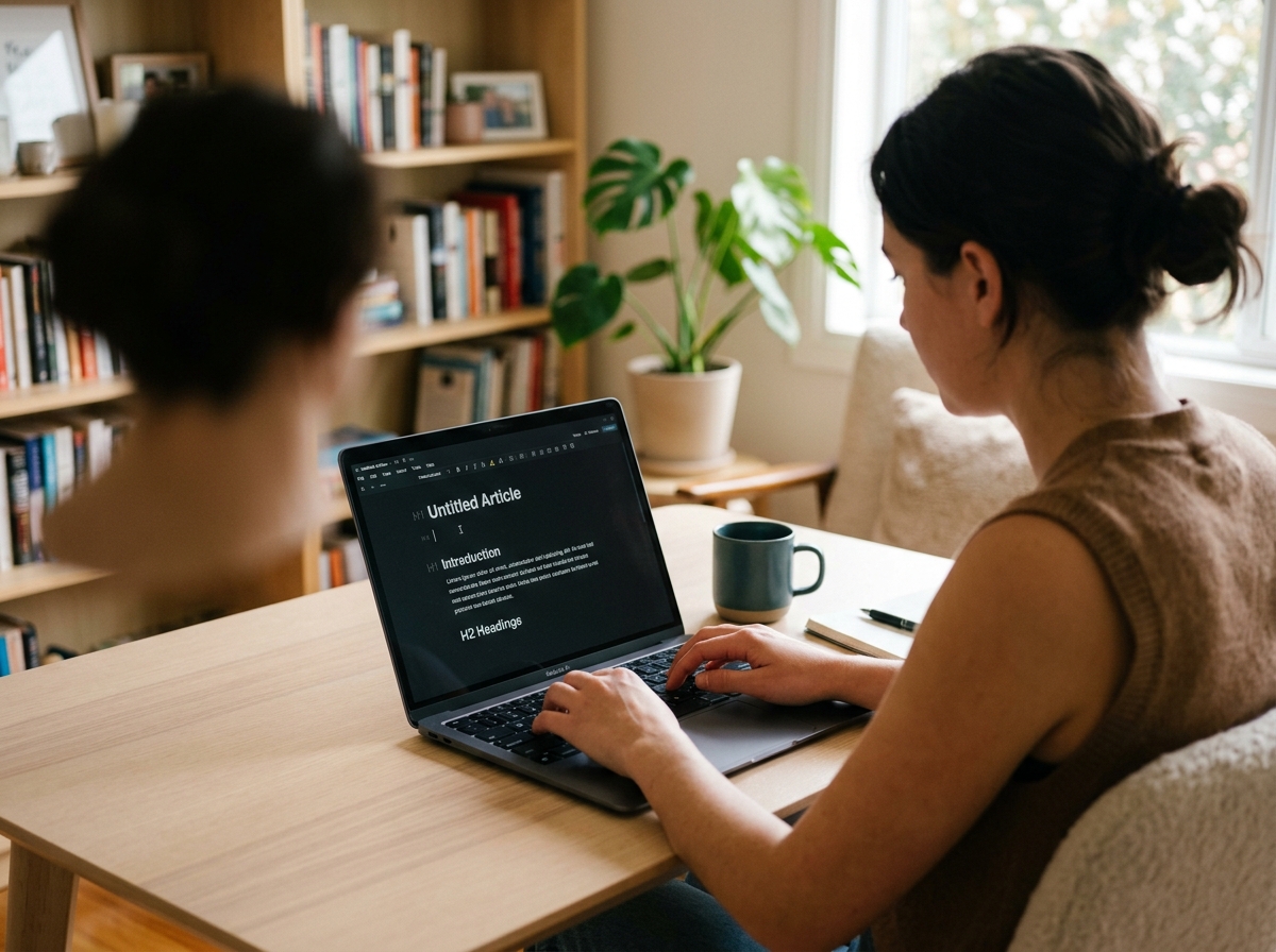 A solo entrepreneur using a digital SEO article template on their laptop to write a blog post in a focused home office environment.