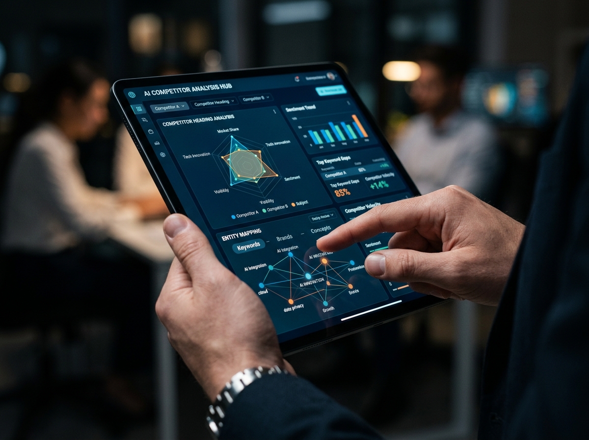 A close-up of a user interacting with an AI content optimization tool on a tablet, showing data visualizations for competitor analysis.