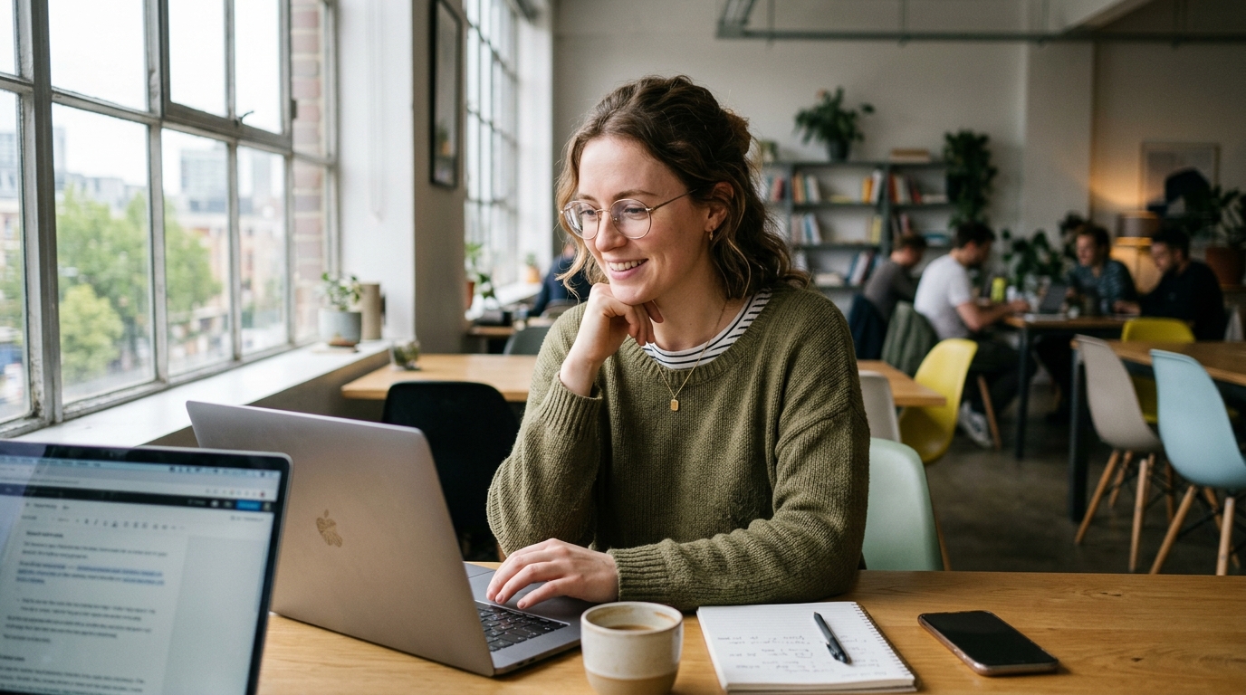 A solo founder working on her laptop in a bright, modern co-working space, looking at the screen with a confident smile.