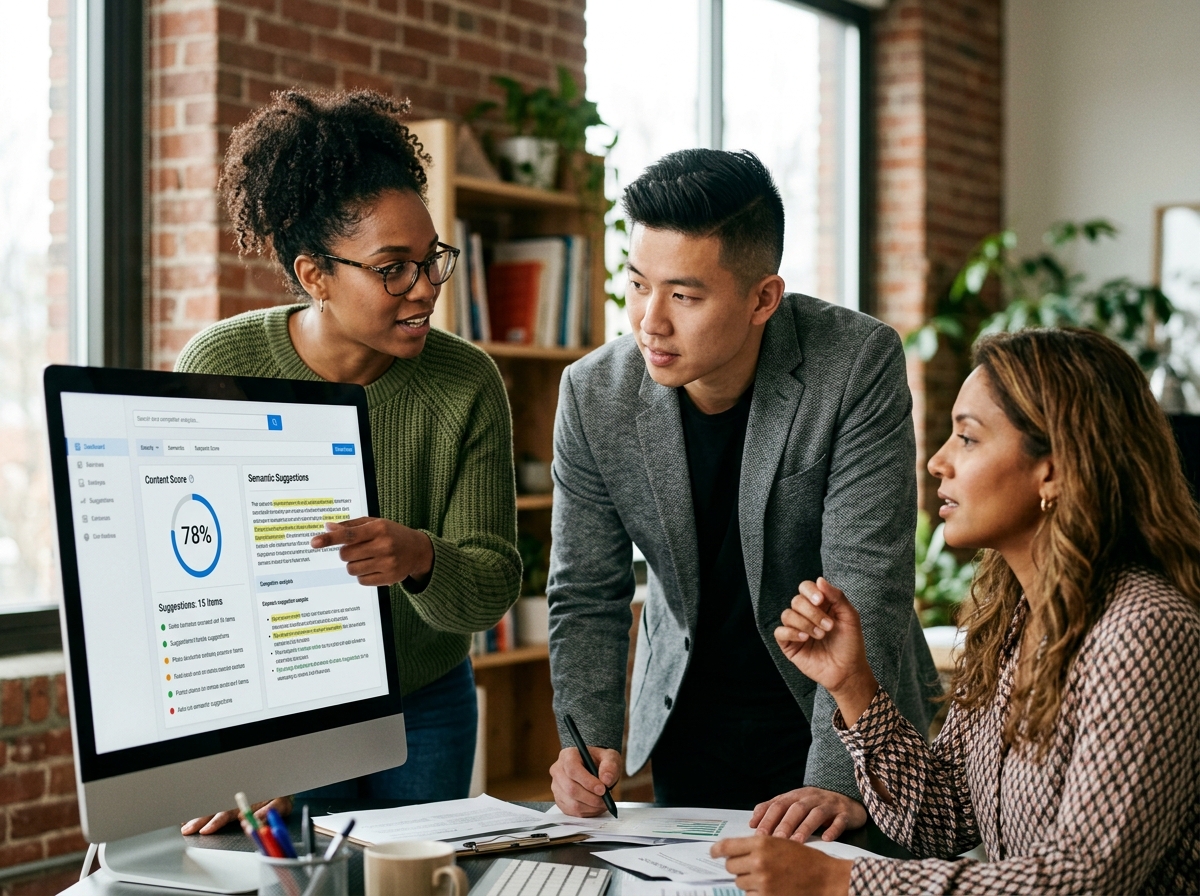 A small marketing team collaborating around a large monitor displaying content optimization software.