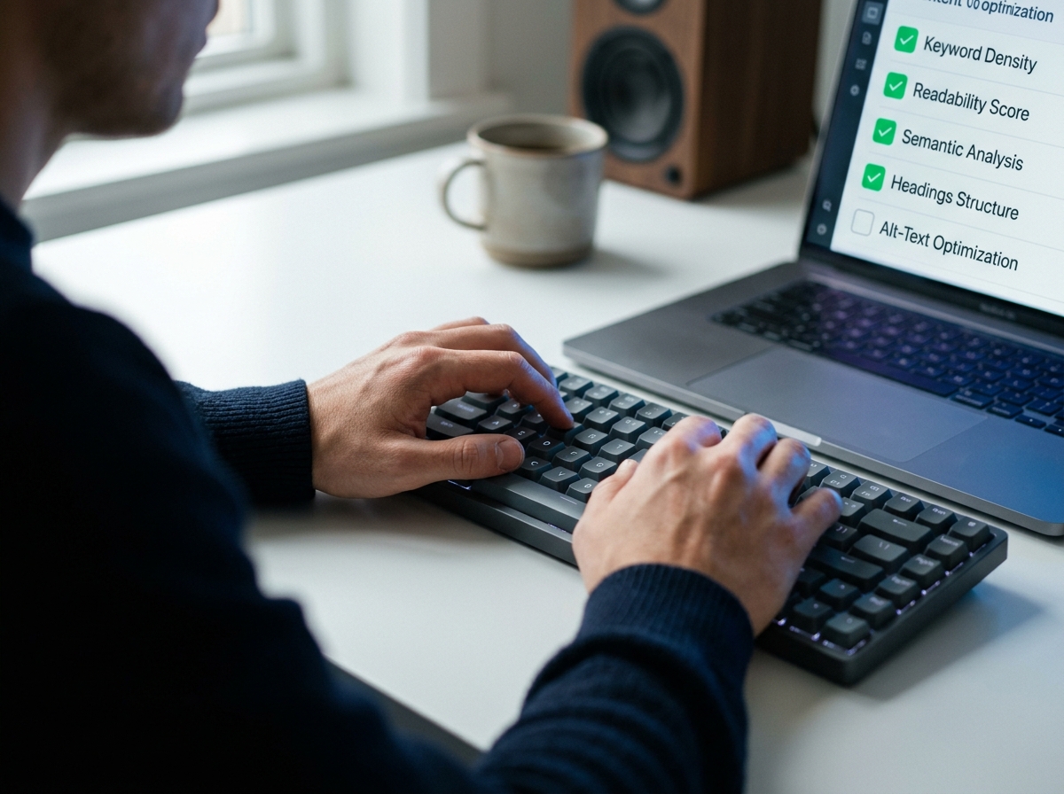 A close-up shot of a writer's hands typing on a keyboard, with a content checklist visible on the screen next to them.