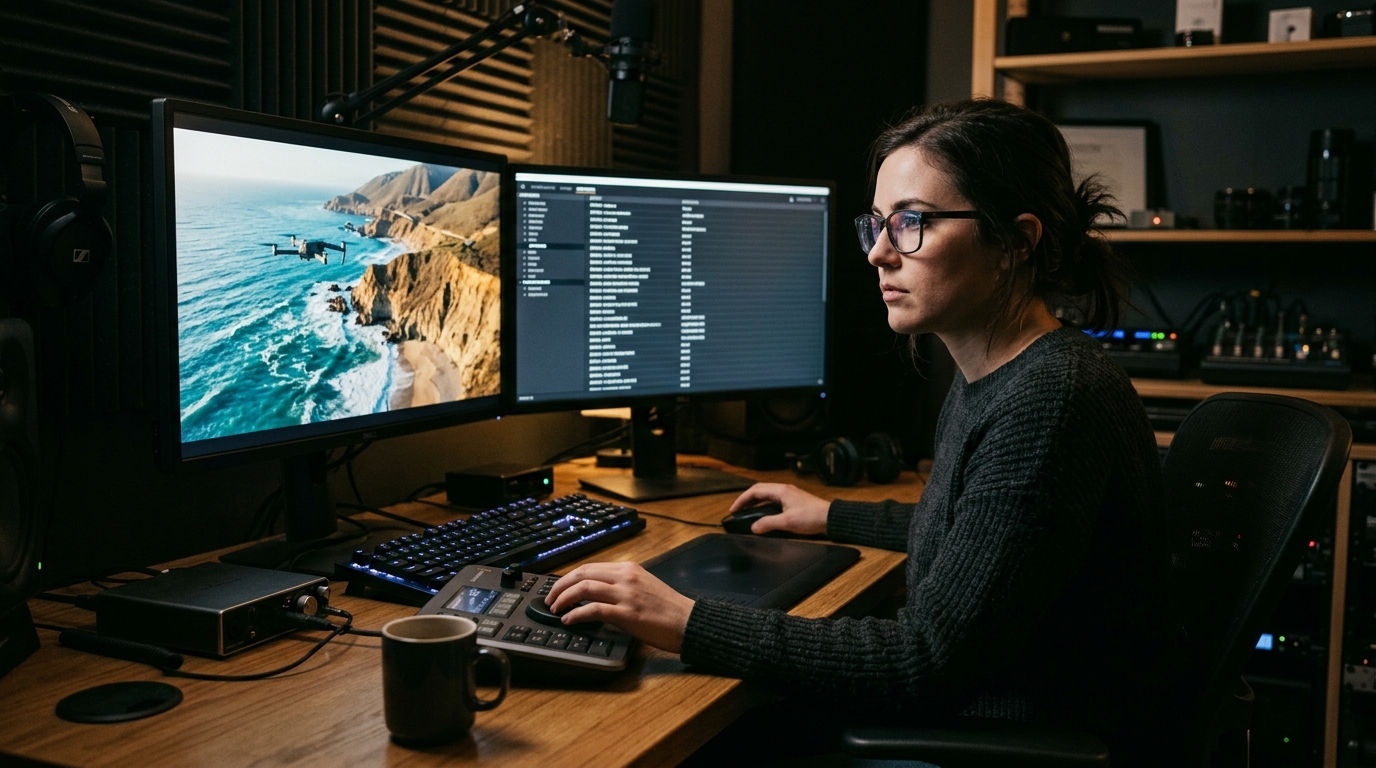A videographer reviewing video footage and metadata on a dual-monitor setup in a modern studio.