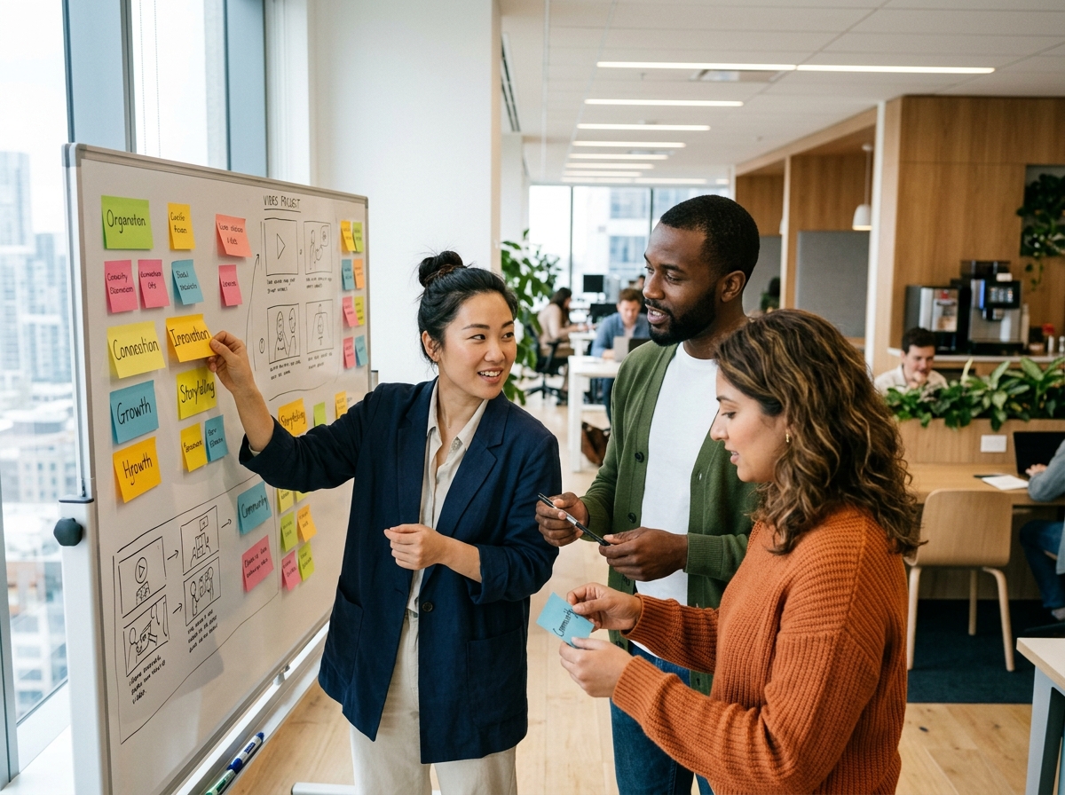 A marketing team collaborating around a whiteboard covered in sticky notes with keyword ideas.