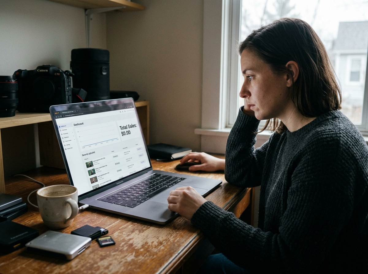 Close-up shot of a contributor's hands quickly typing on a laptop, with video clips visible on the screen.