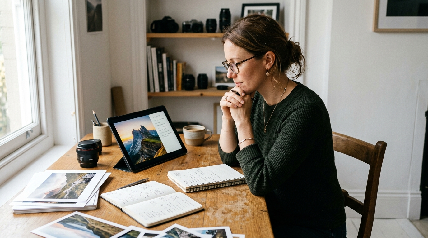 A professional photographer reviewing AI-suggested keywords on a tablet in a modern studio.