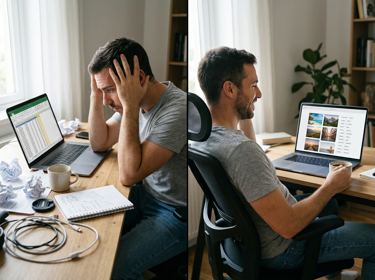 A split-screen showing the contrast between a manual and an AI-powered keywording workflow.