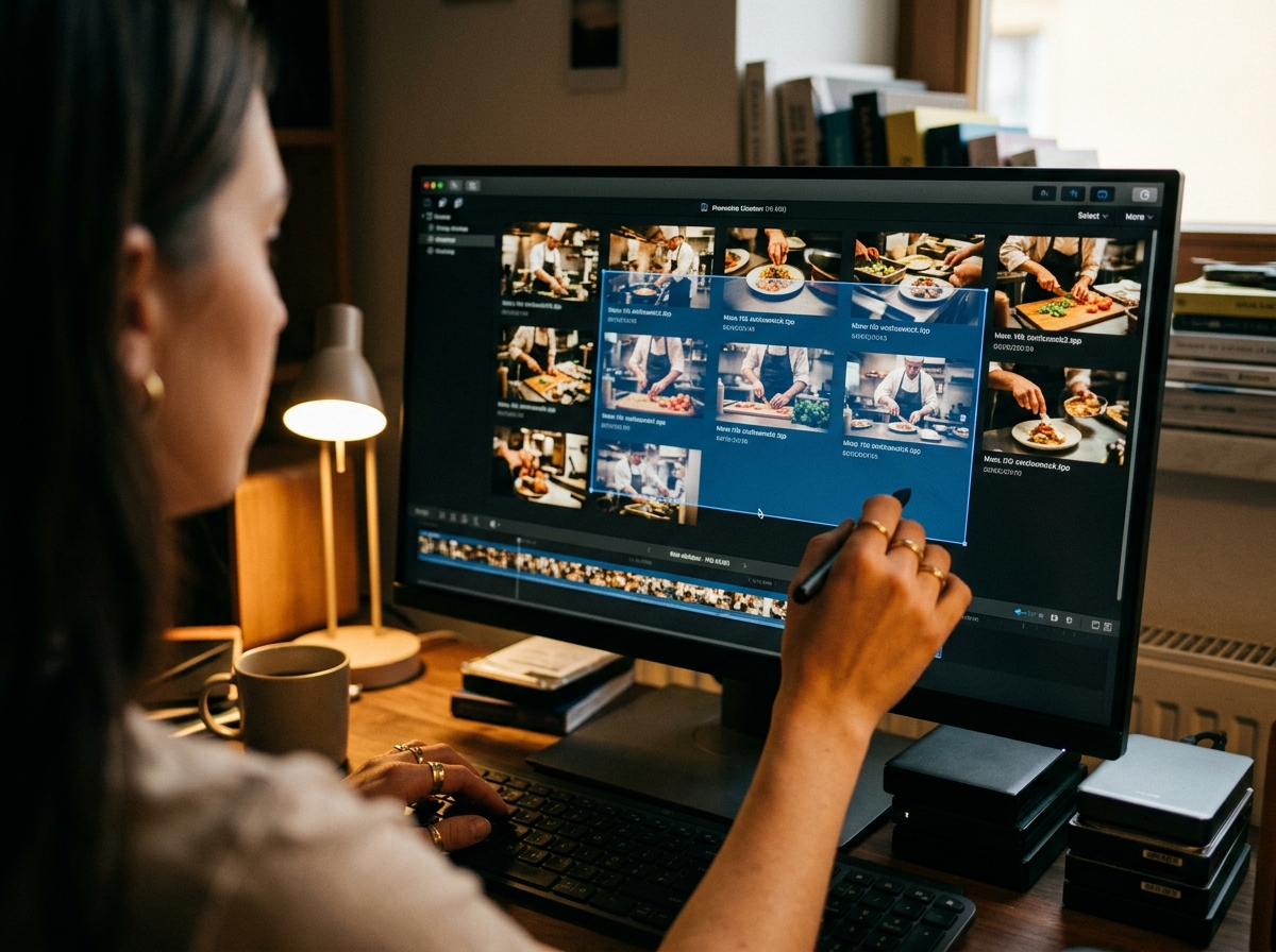 A close-up of a videographer's hands using an AI tool to batch-process metadata for stock footage.