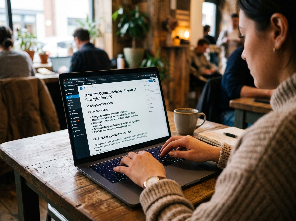 A close-up of a writer optimizing the heading structure of a blog post for on-page SEO.