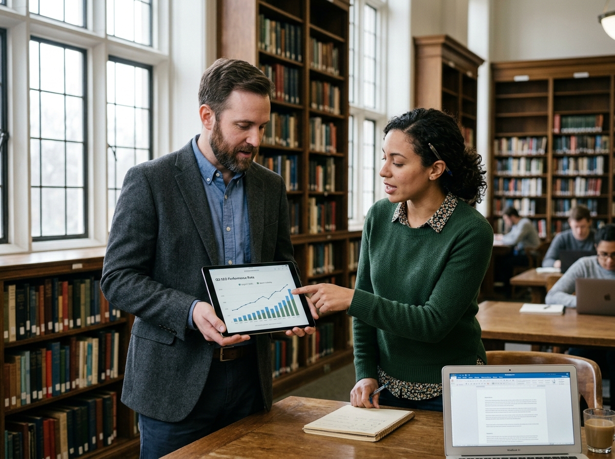 Two professionals collaborating on research for an E-E-A-T compliant article.