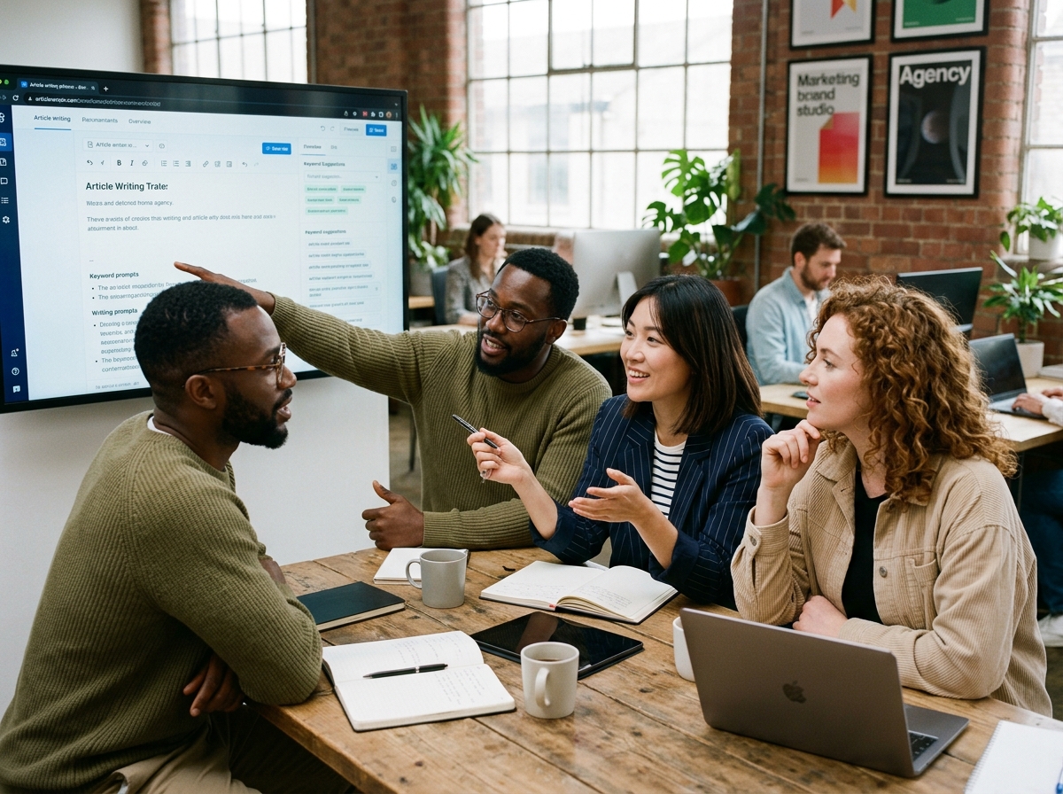 A small, diverse team of three collaborates around a computer screen displaying an AI-powered content generation interface.