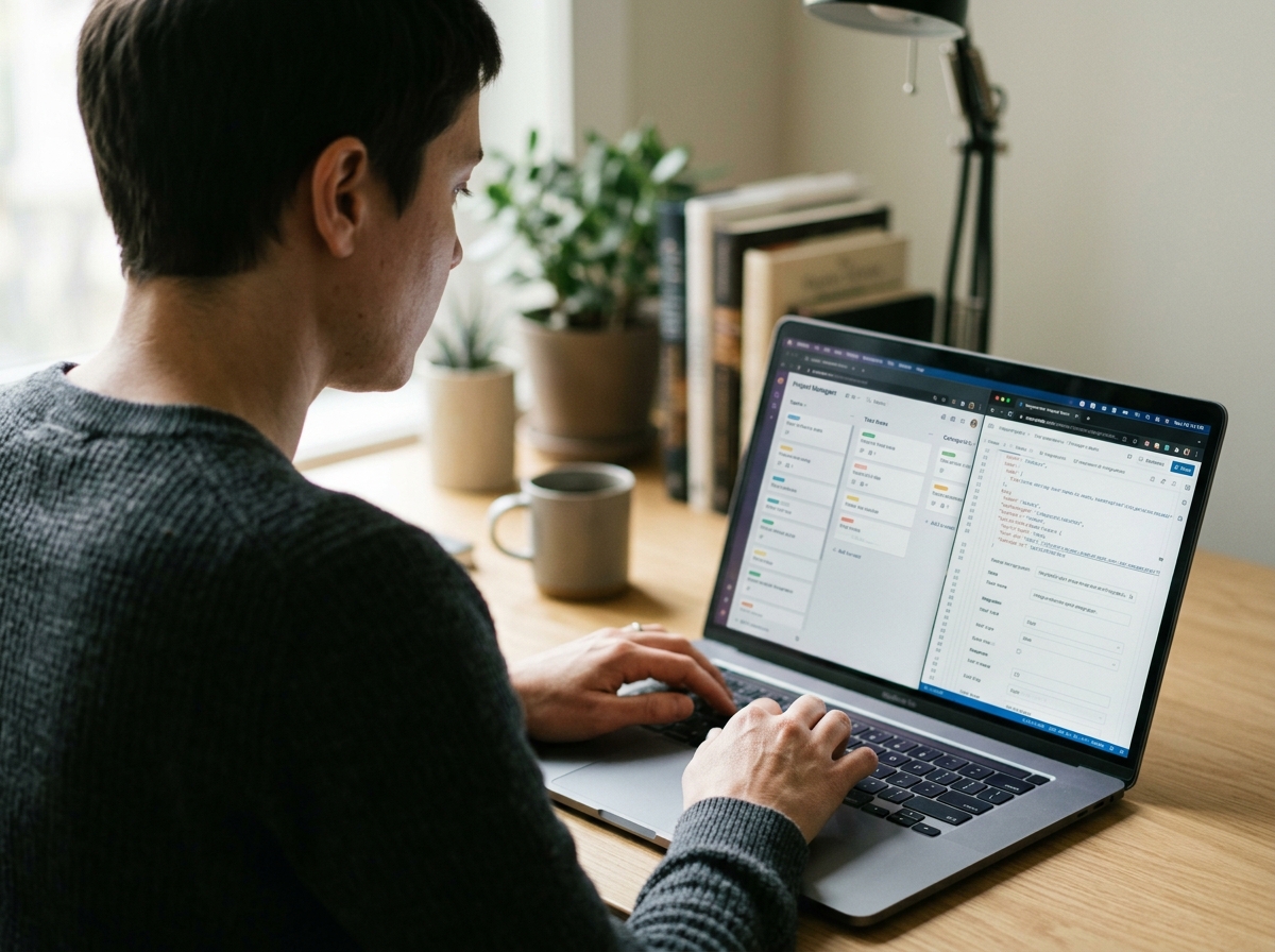 A digital marketer integrating an AI writing tool into their project management software on a laptop.