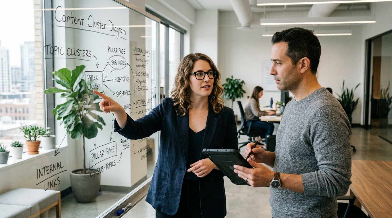 A content strategist and a marketing manager collaborating on an SEO article outline on a glass whiteboard in a modern office.