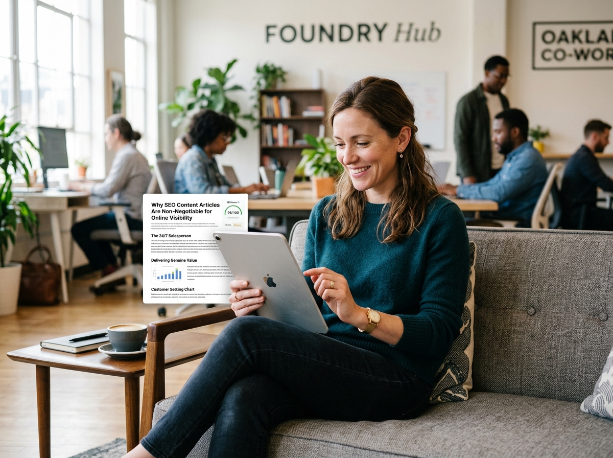 A small agency owner smiling as they review a high-quality, AI-generated article on a tablet in a modern co-working space.