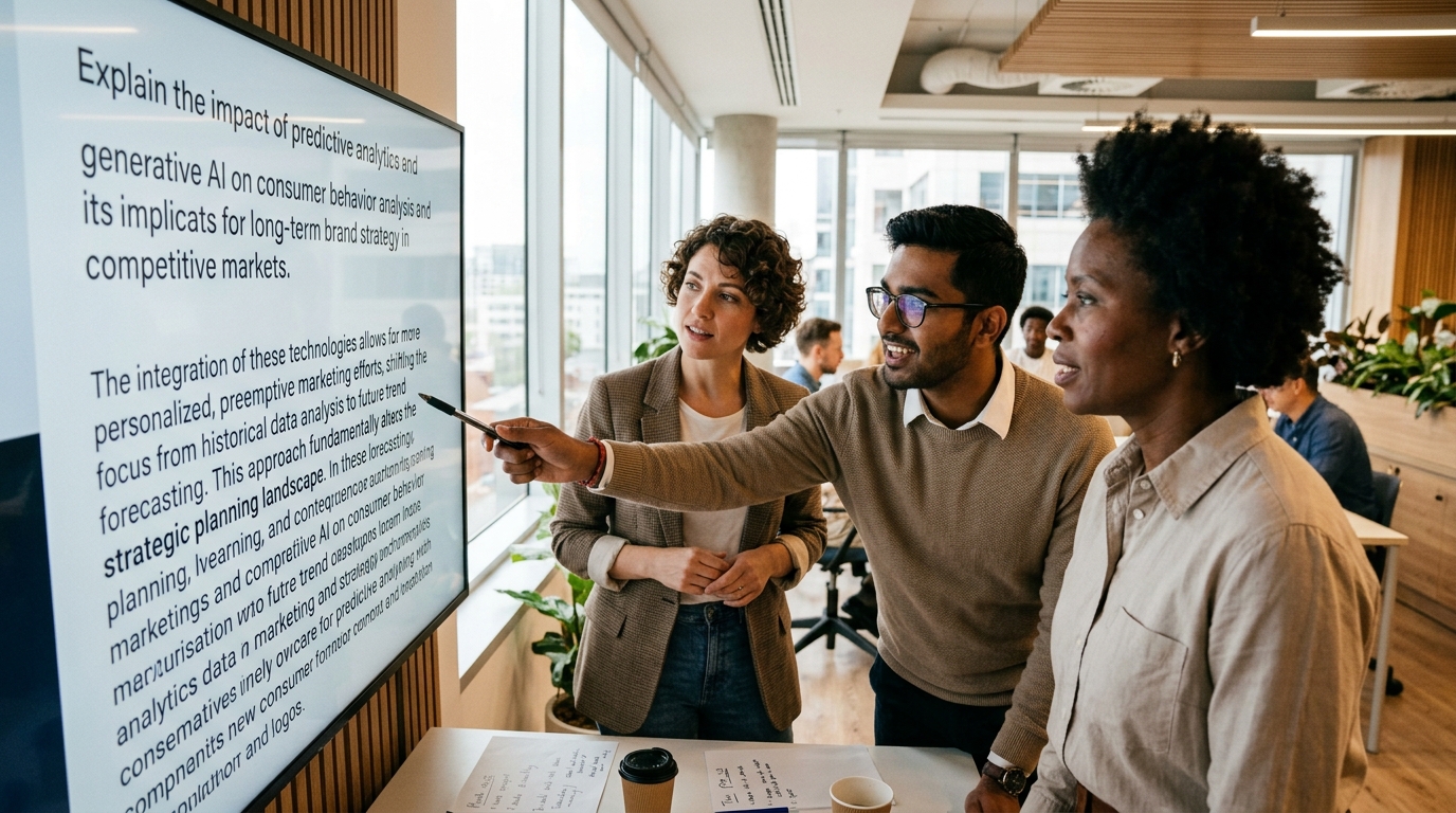A diverse team of marketing strategists discussing AI search results on a large screen.