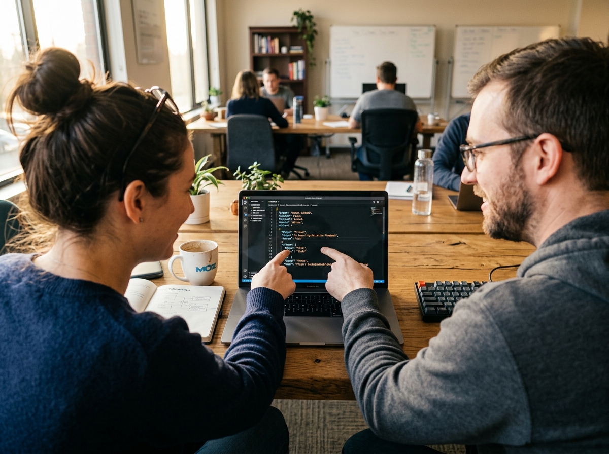 An SEO specialist and a web developer collaborating on schema markup code on a laptop.
