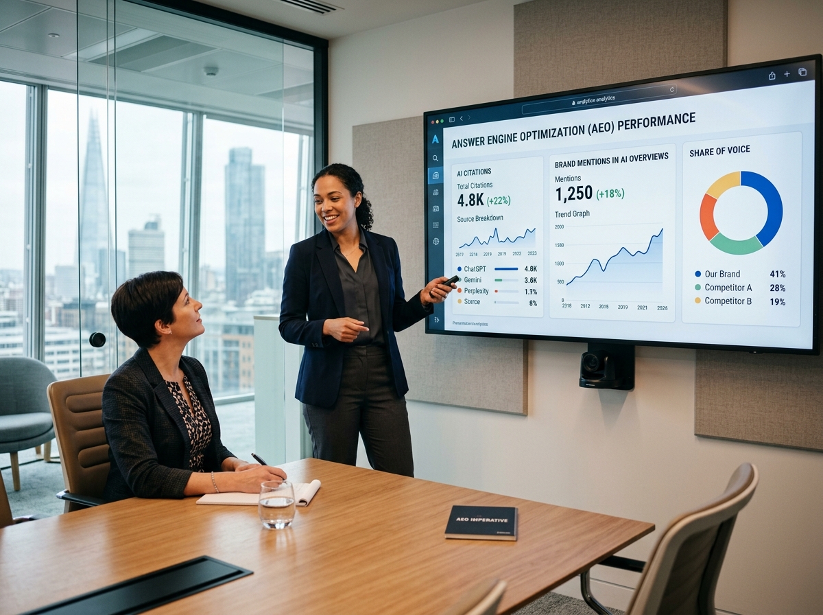 A data analyst presenting a dashboard with new AEO metrics like AI citations and share of voice.