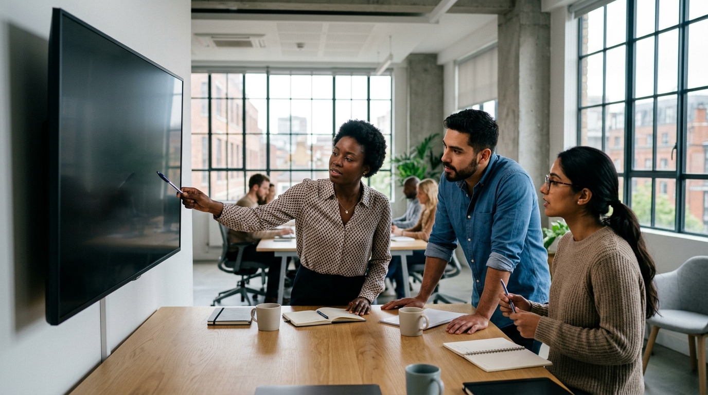 A diverse team of marketing agency professionals collaborating in a modern office.