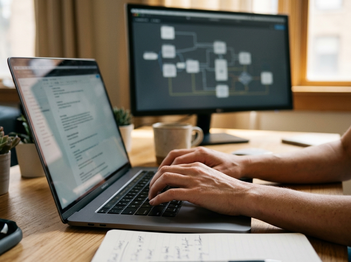 A content strategist's hands typing on a laptop with a complex content workflow diagram in the background.