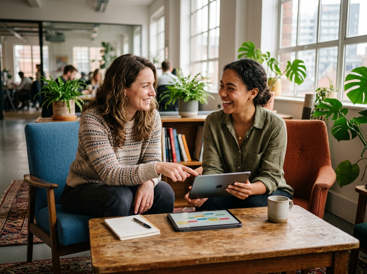 Two agency team members reviewing a content calendar on a tablet in a casual meeting.