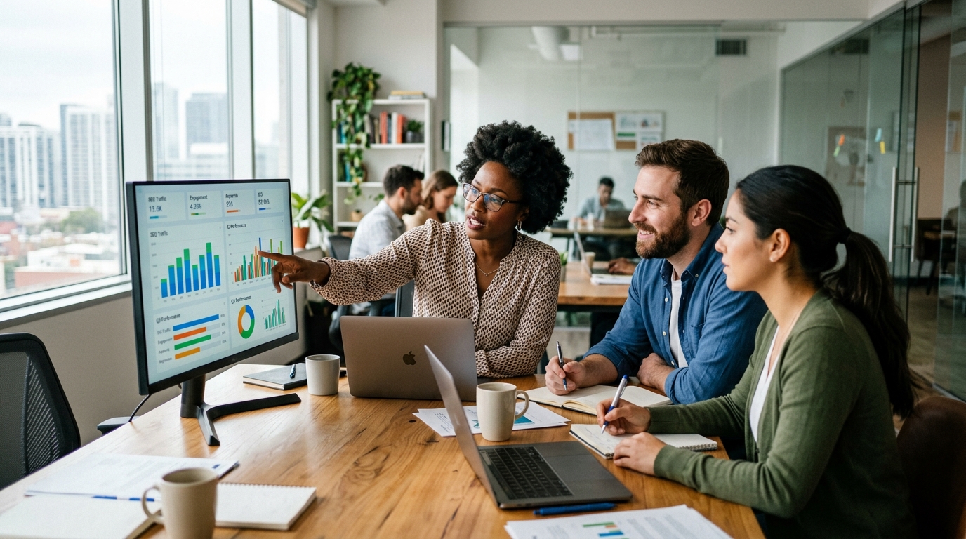 A diverse team of three content strategists collaborating around a large monitor displaying search engine ranking data in a bright, modern o