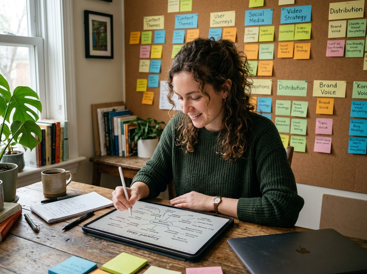 A content writer using a digital tablet to mind-map keyword clusters for an SEO article, with sticky notes on the wall behind them.