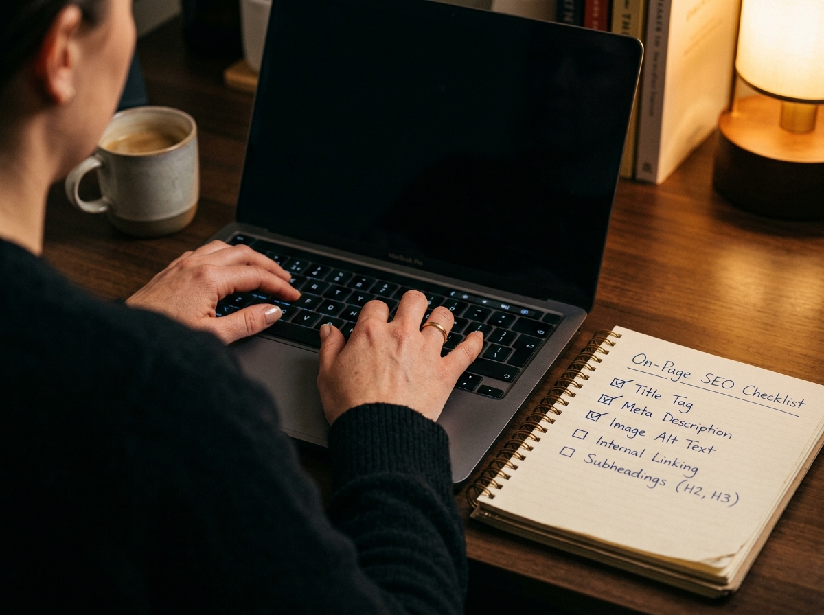 Close-up shot of a writer's hands typing on a laptop, with a checklist for on-page SEO visible on a notepad next to the computer.