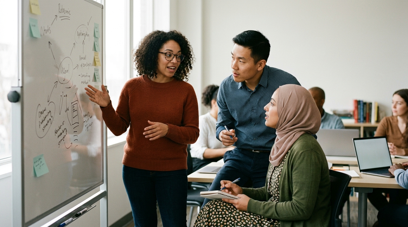 A diverse team of content marketers collaborating around a large monitor displaying search engine results page analysis.