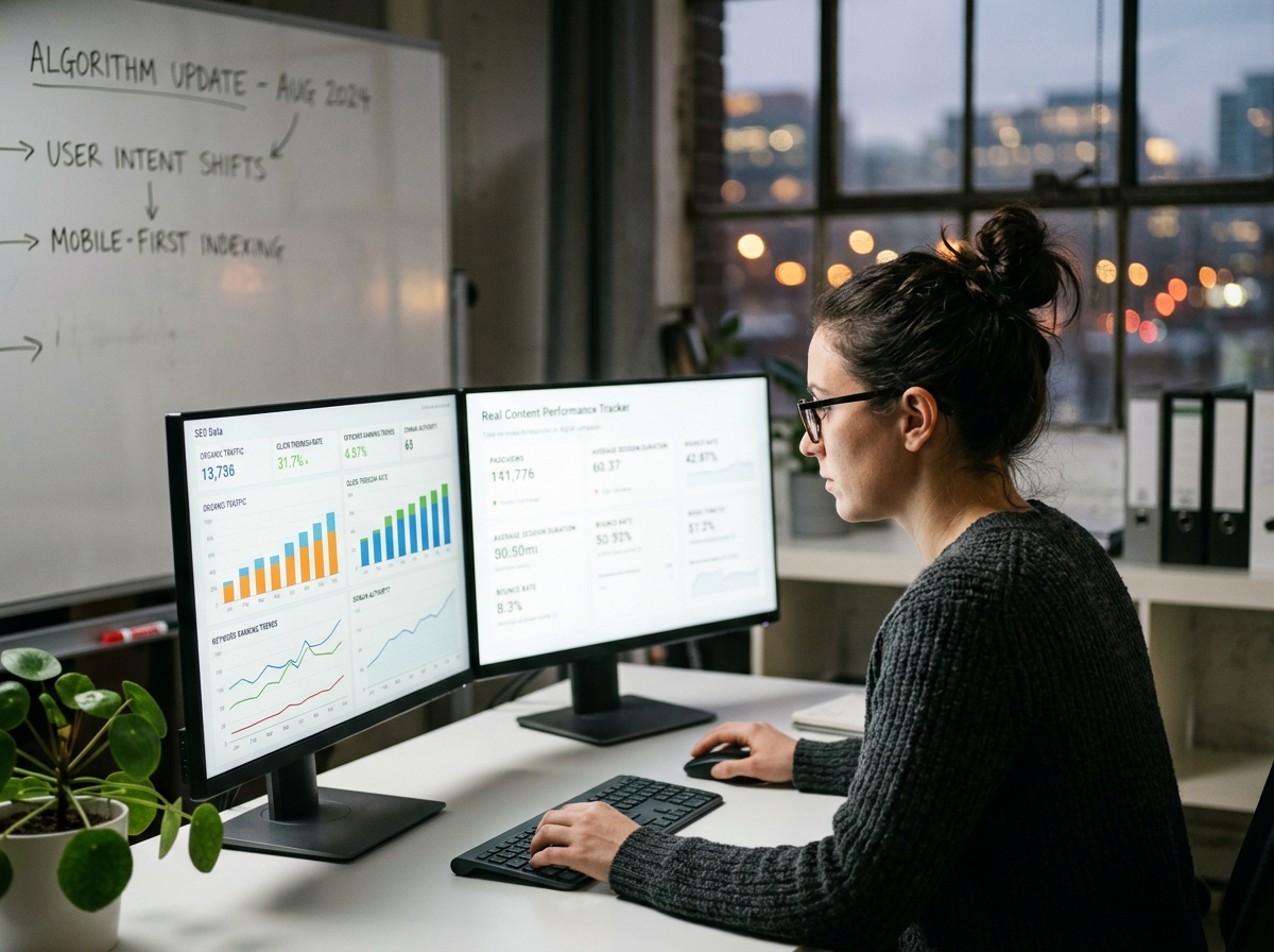A content strategist focused on multiple data dashboards on their computer screen, analyzing SEO performance.