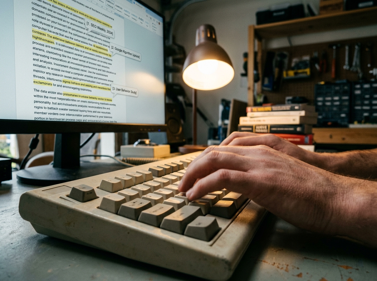 A close-up of a writer's hands typing while a monitor in the background shows a document with sources being verified.