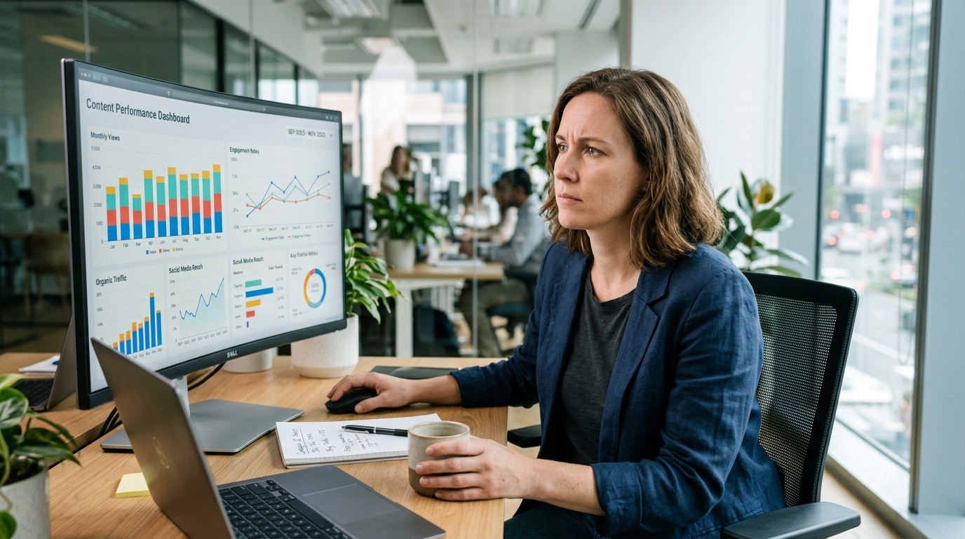 A marketing manager at a startup analyzing a content performance dashboard on a large monitor.
