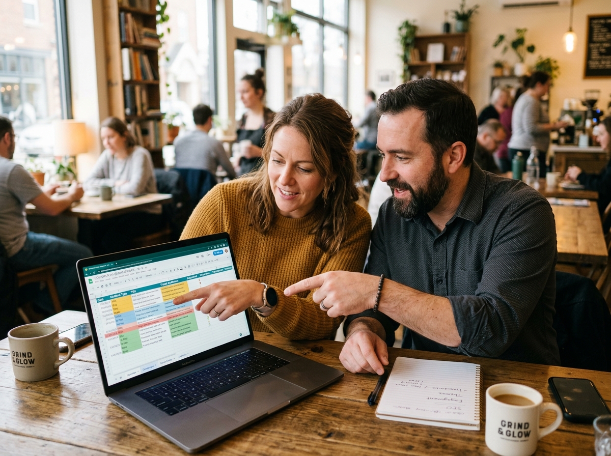 A small business owner and a content strategist collaborating over a laptop in a casual cafe setting.