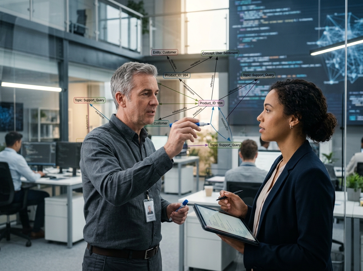 A data analyst pointing to a complex network graph on a clear glass board, explaining entity mapping concepts to a colleague.