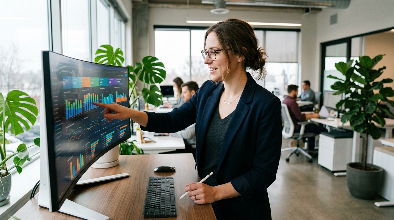 A content strategist reviewing a content performance dashboard on a large monitor in a modern office.