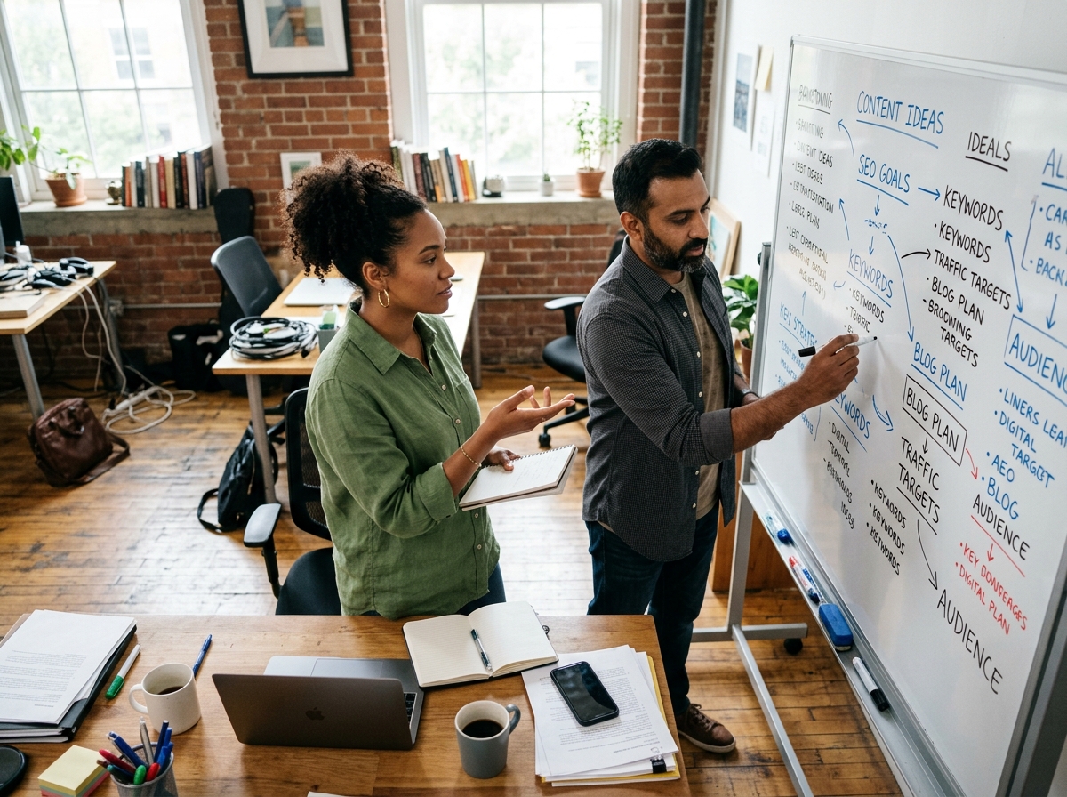 Two small business owners collaborating on a content scaling strategy using a whiteboard.